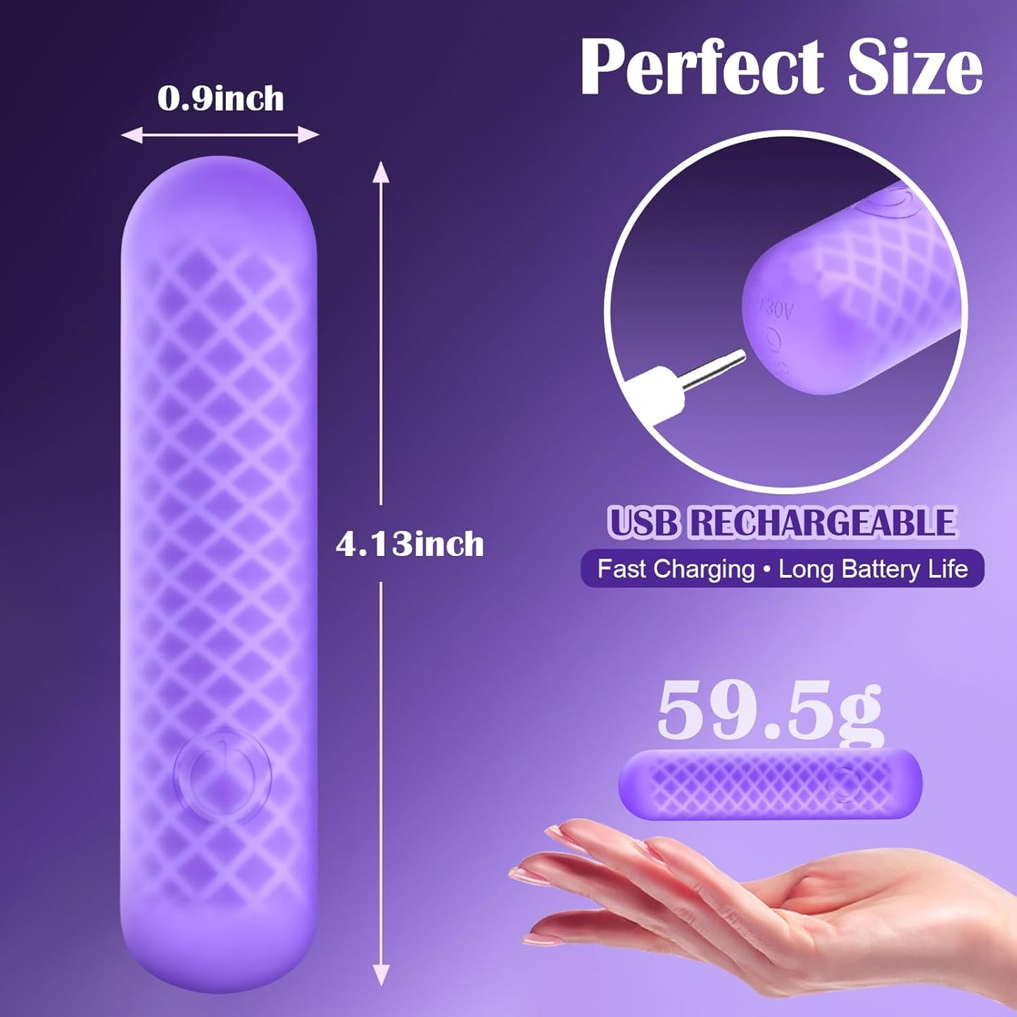 Calmluv mini bullet vibrator with perfect size (0.9inch & 4.13inch height), 59.5g lightweight, USB fast charging and long battery life